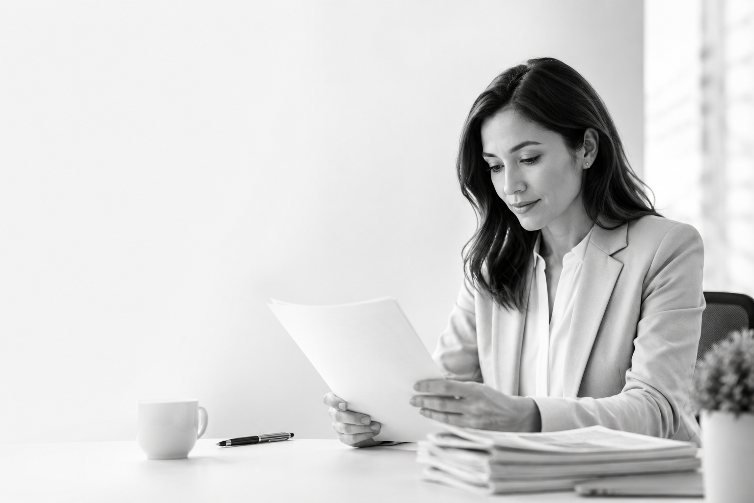 Professional reviewing press materials at a desk